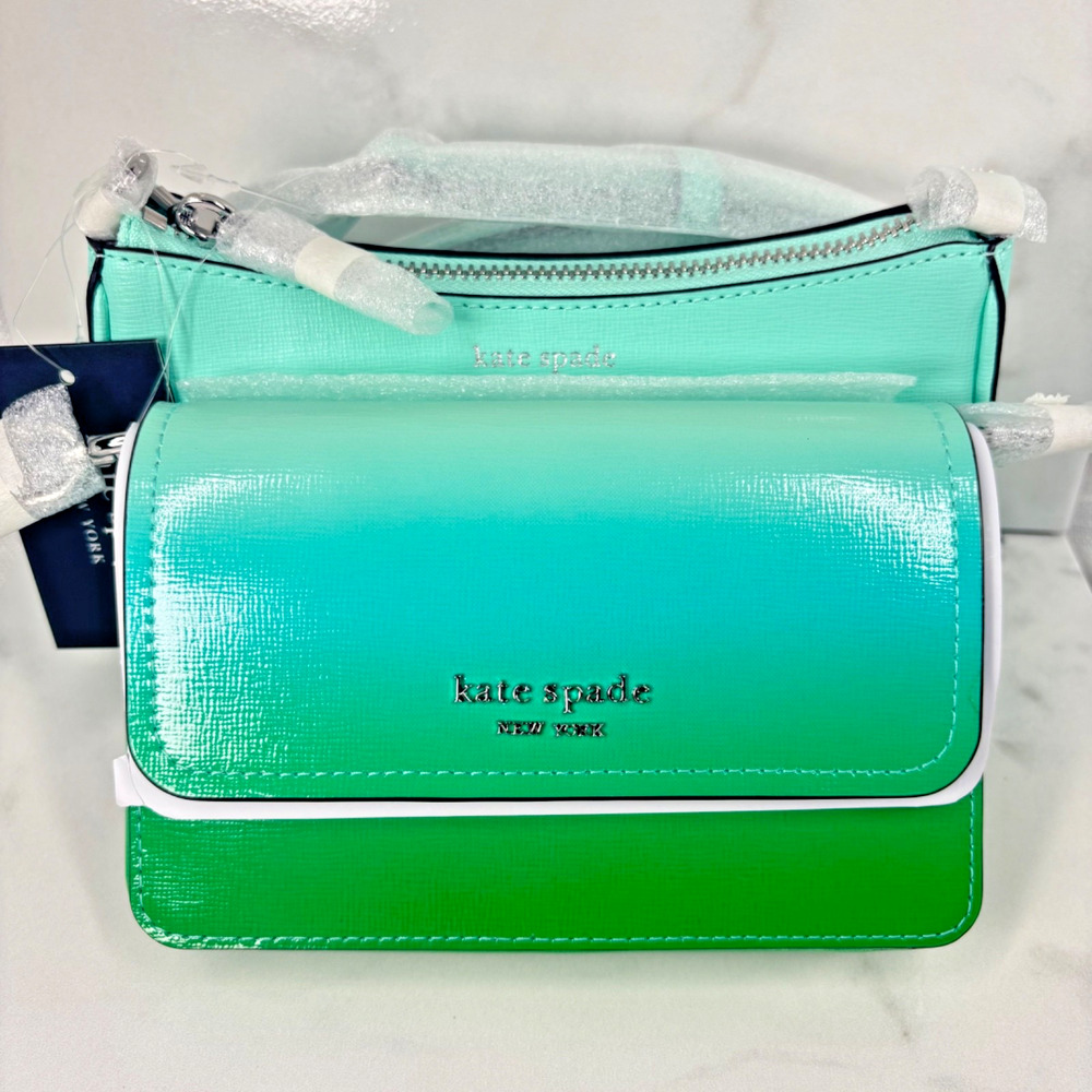 NWT Kate Spade Leather Double Up Green Blue Mermaid Ombre Crossbody Shoulder Bag